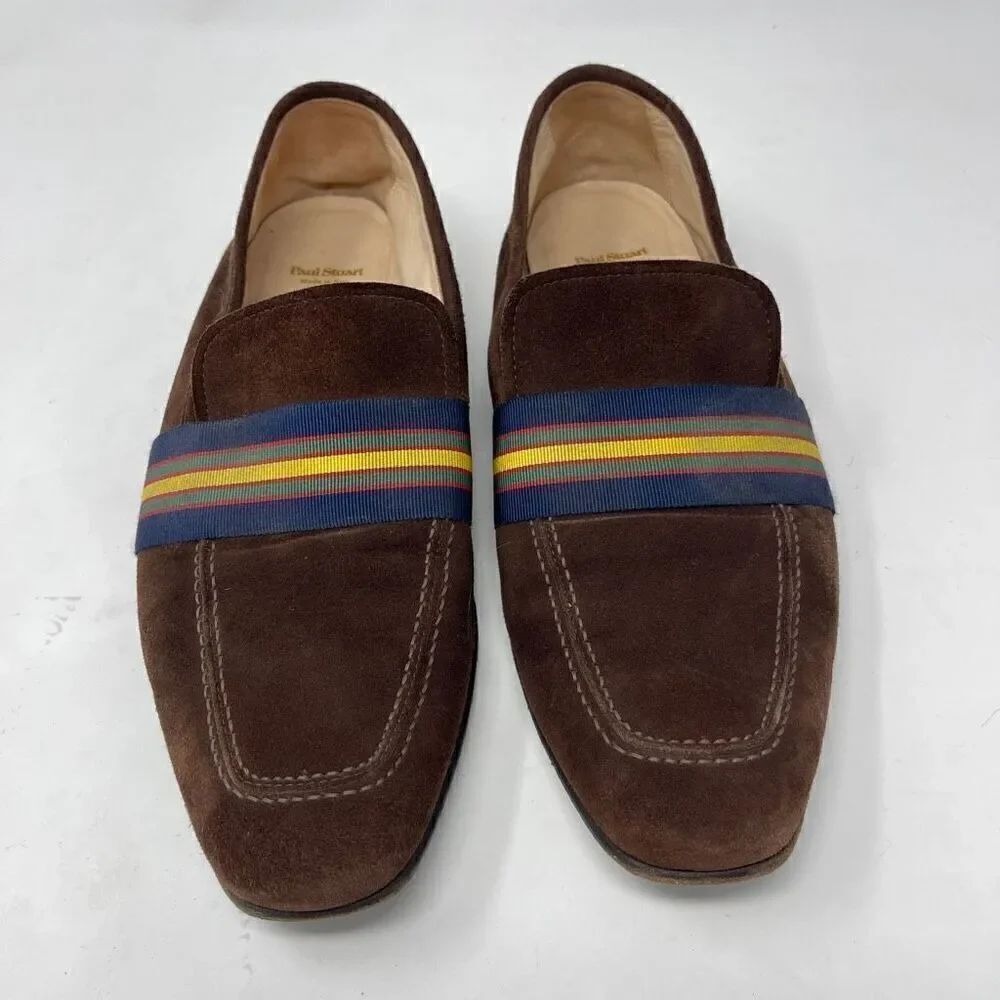 Paul Stuart Brown Blue Striped Herve Ribbon Band Slip on Suede Loafer Size 8